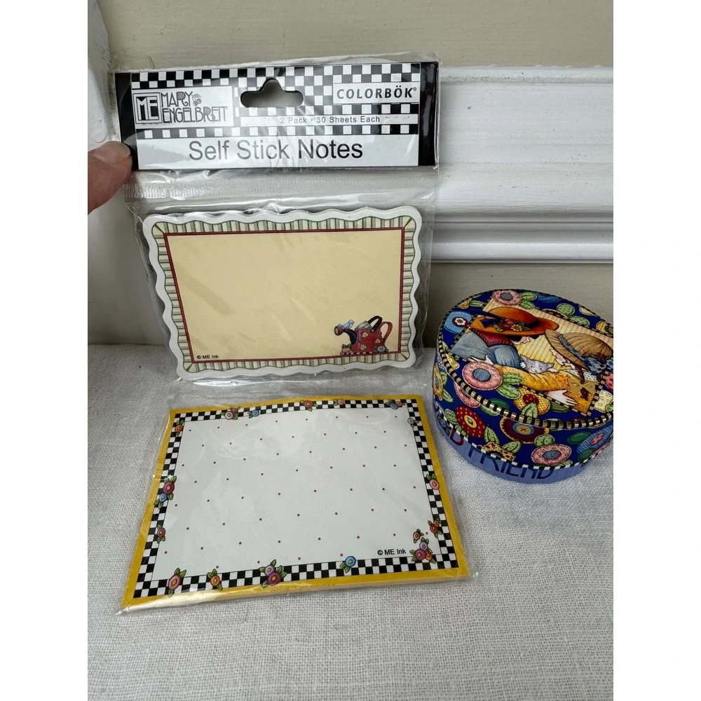Mary Engelbreit Stationery Set Round Box and 2 Pack Self Stick Notes 2004